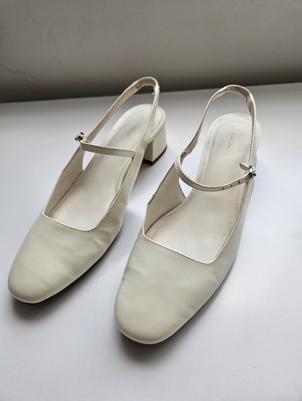 Reformation Maddox Cream Patent Leather Slingback Low Block Heel Round Toe Shoes - Picture 6 of 16